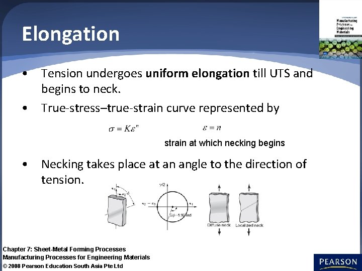 Elongation • Tension undergoes uniform elongation till UTS and begins to neck. • True-stress–true-strain