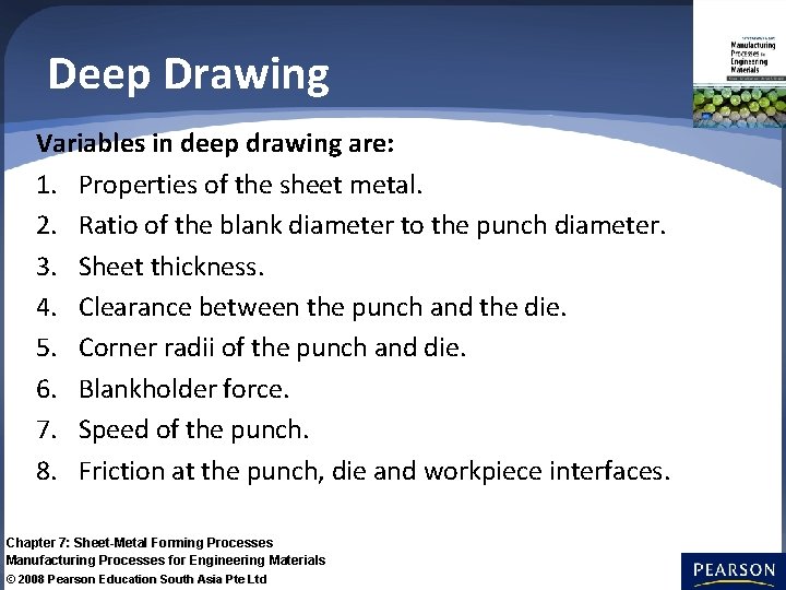 Deep Drawing Variables in deep drawing are: 1. Properties of the sheet metal. 2.