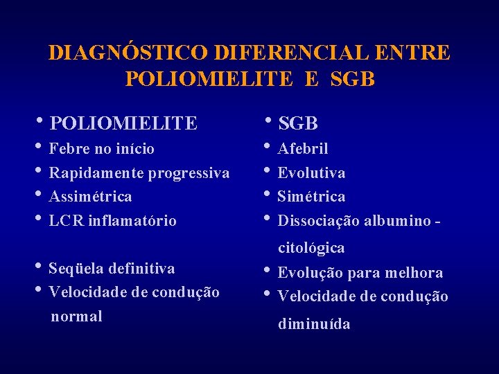 DIAGNÓSTICO DIFERENCIAL ENTRE POLIOMIELITE E SGB h. POLIOMIELITE h. SGB h Febre no início