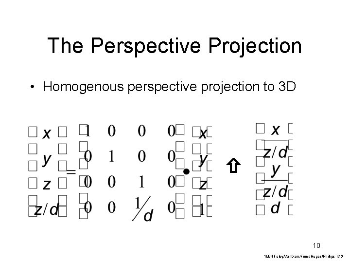 The Perspective Projection • Homogenous perspective projection to 3 D 10 1994 Foley/Van. Dam/Finer/Huges/Phillips