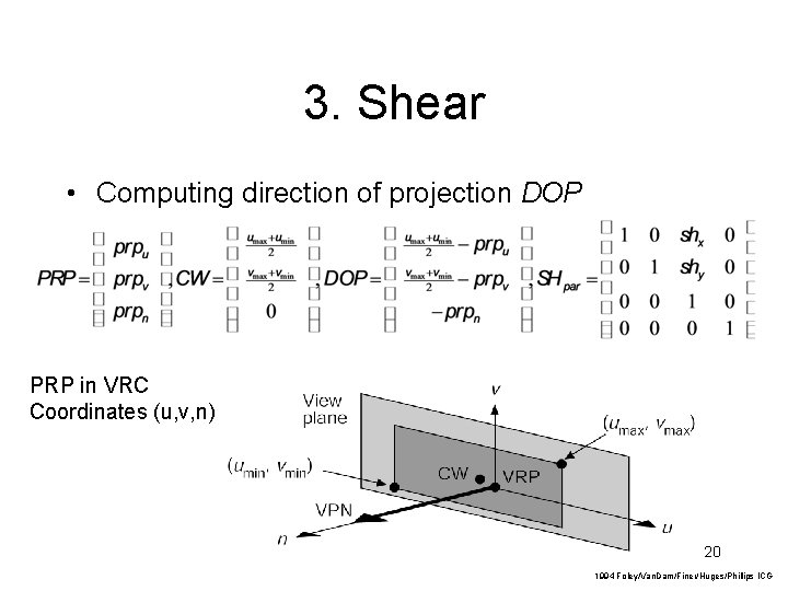 3. Shear • Computing direction of projection DOP PRP in VRC Coordinates (u, v,