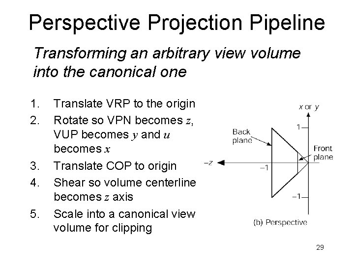 Perspective Projection Pipeline Transforming an arbitrary view volume into the canonical one 1. 2.