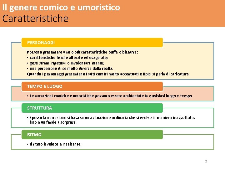 Il genere comico e umoristico Caratteristiche PERSONAGGI Possono presentare uno o più caratteristiche buffe