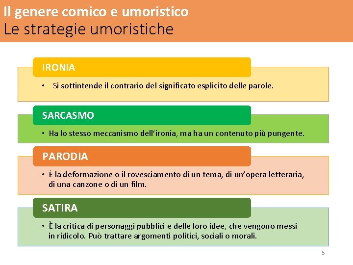 Il genere comico e umoristico Le strategie umoristiche IRONIA • Si sottintende il contrario