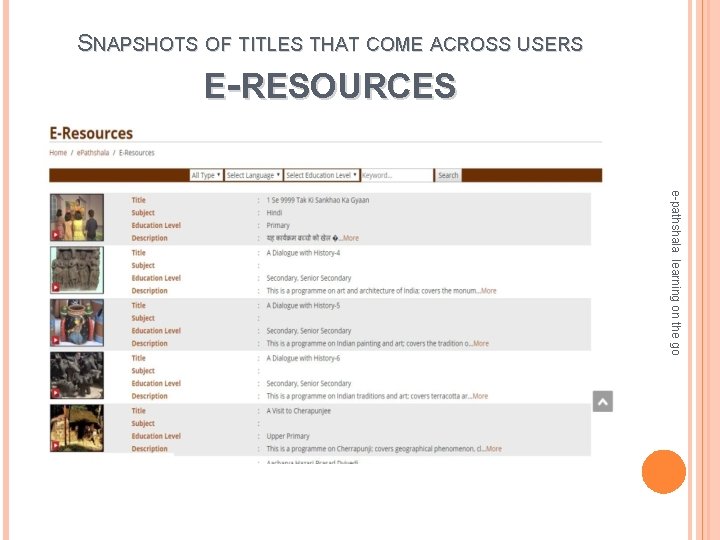 SNAPSHOTS OF TITLES THAT COME ACROSS USERS E-RESOURCES e-pathshala learning on the go 