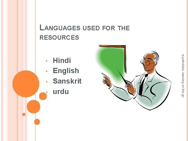 LANGUAGES USED FOR THE RESOURCES • • • Hindi English Sanskrit urdu e-pathshala learning