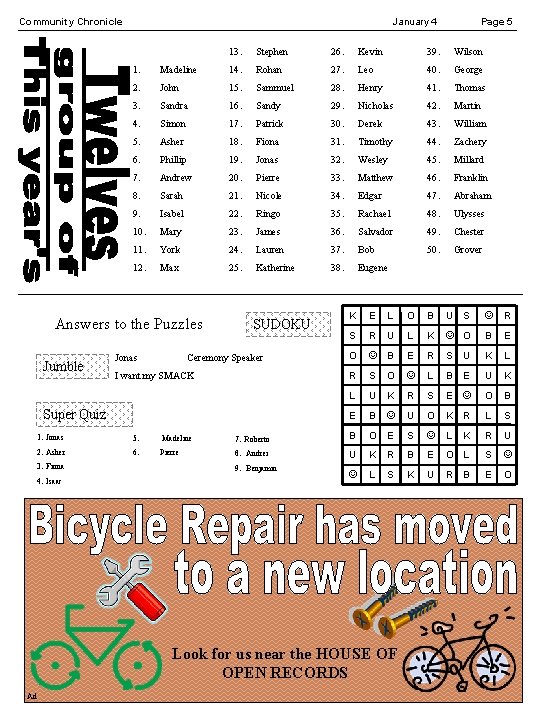 Community Chronicle January 4 13. Stephen 26. Kevin 39. Wilson 1. Madeline 14. Rohan