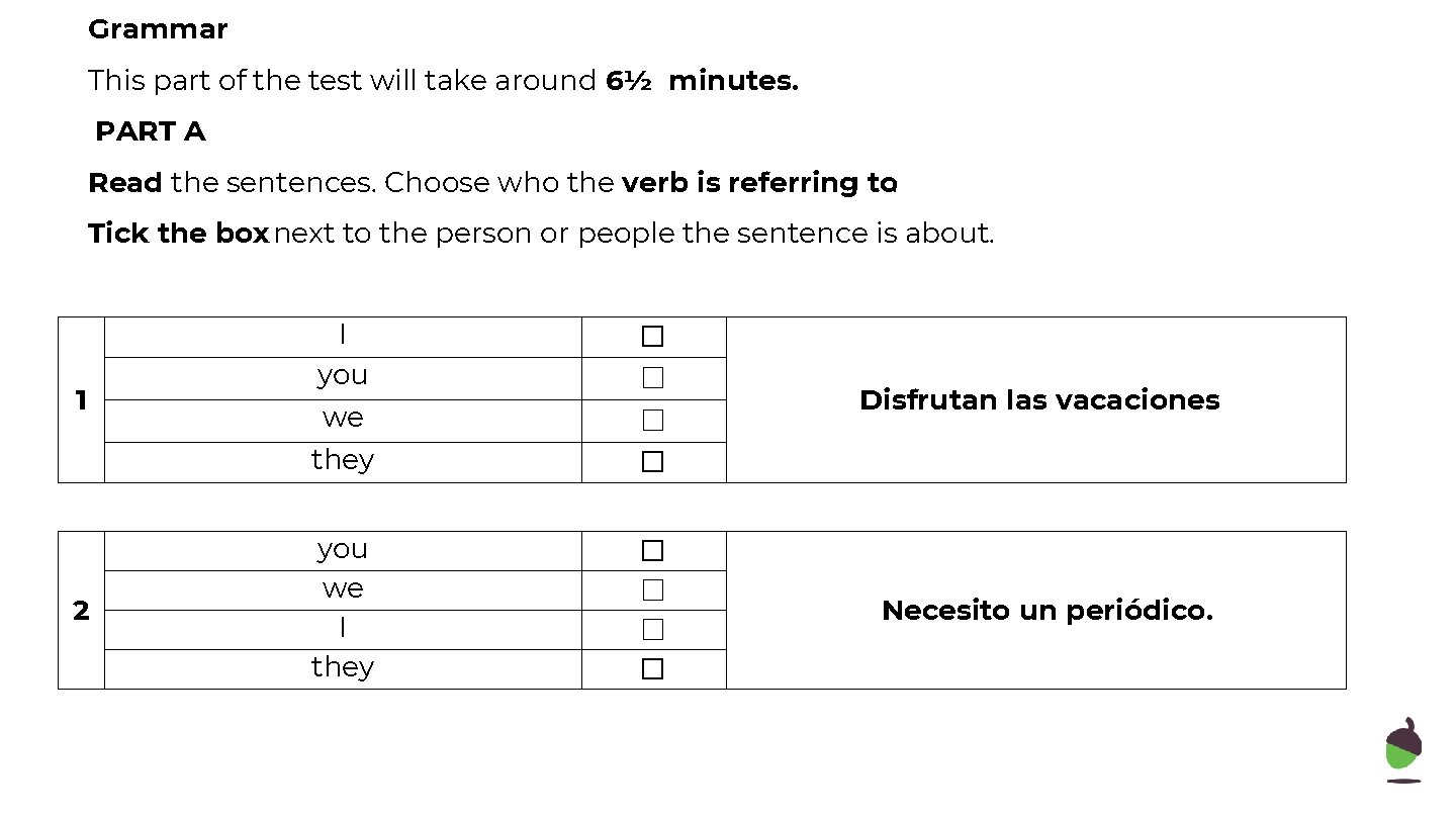 Grammar This part of the test will take around 6½ minutes. PART A Read
