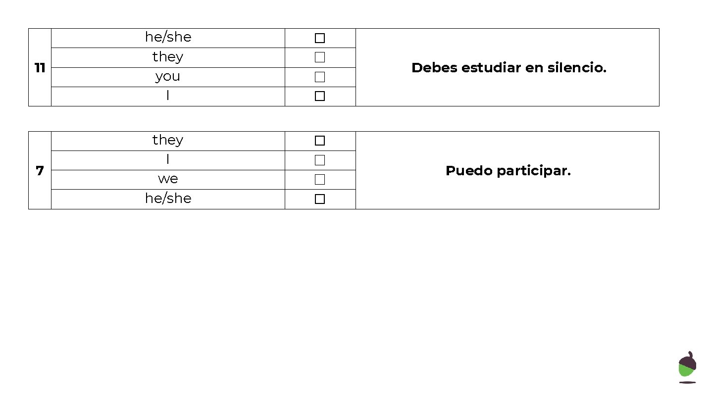 11 7 he/she they you I they I we he/she ☐ ☐ ☐ Debes