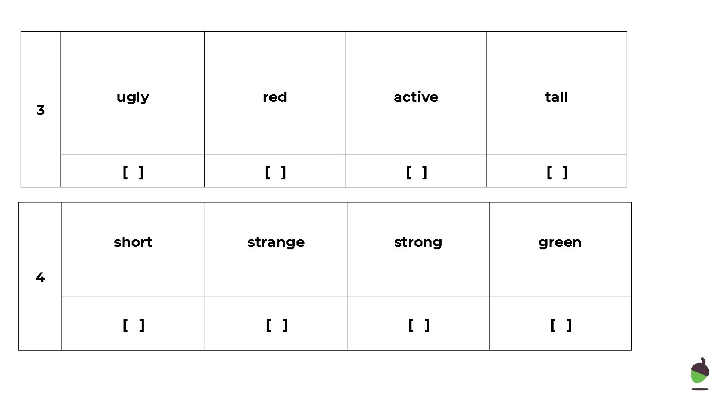 3 ugly red active tall [ ] [ ] short strange strong green [