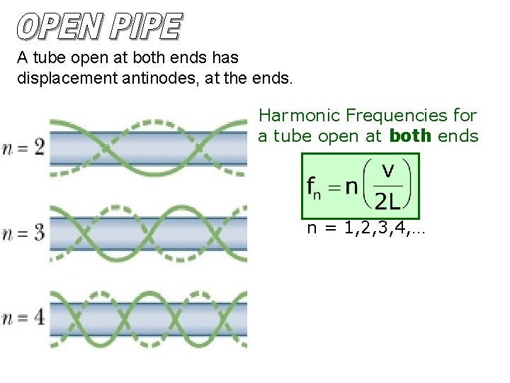 A tube open at both ends has displacement antinodes, at the ends. Harmonic Frequencies A tube open at both ends has displacement antinodes, at the ends. Harmonic Frequencies