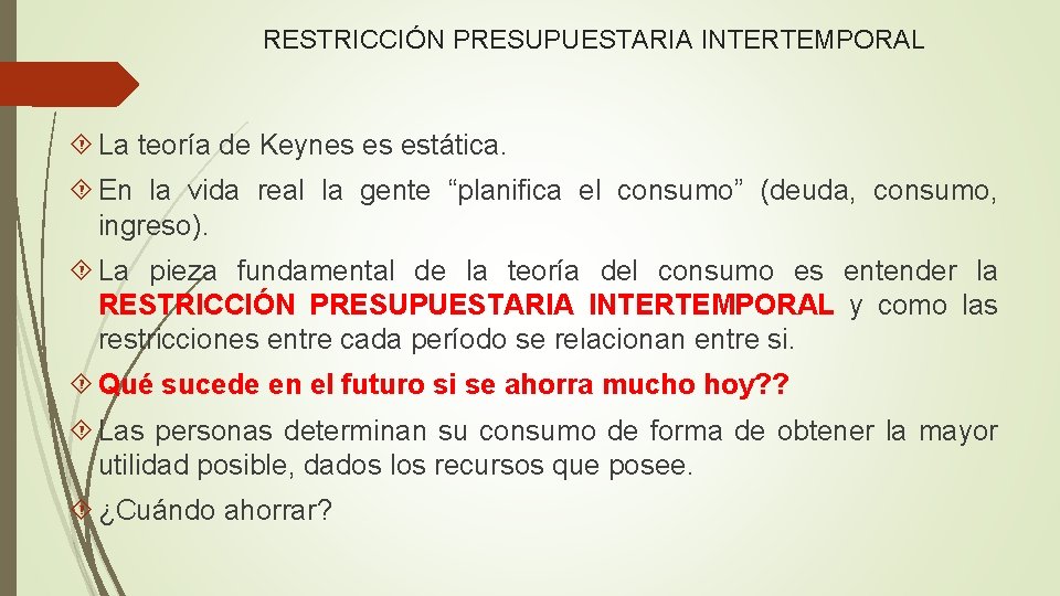 RESTRICCIÓN PRESUPUESTARIA INTERTEMPORAL La teoría de Keynes es estática. En la vida real la