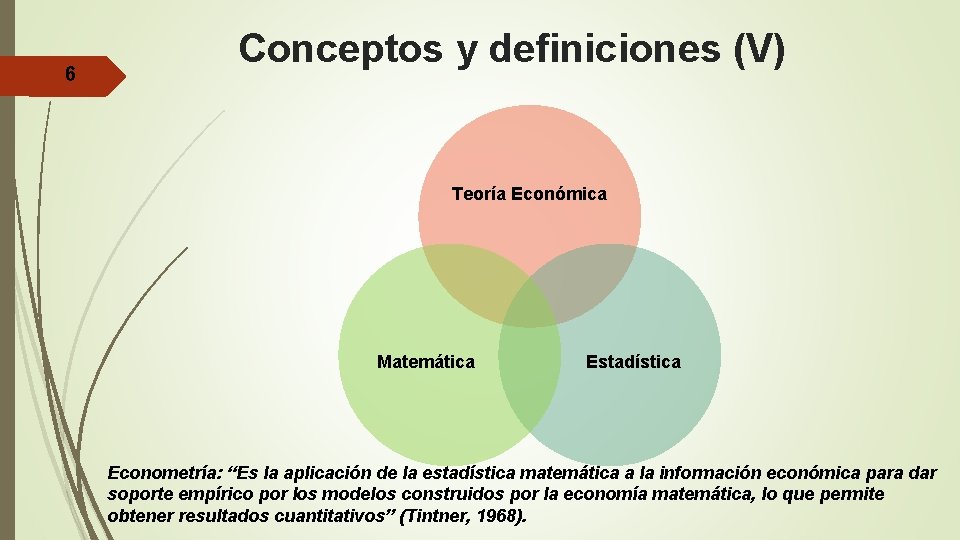 6 Conceptos y definiciones (V) Teoría Económica Matemática Estadística Econometría: “Es la aplicación de
