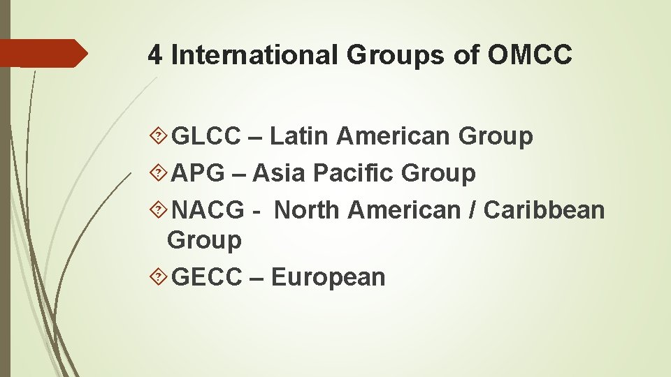 4 International Groups of OMCC GLCC – Latin American Group APG – Asia Pacific
