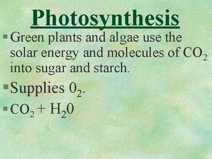 Photosynthesis § Green plants and algae use the solar energy and molecules of CO