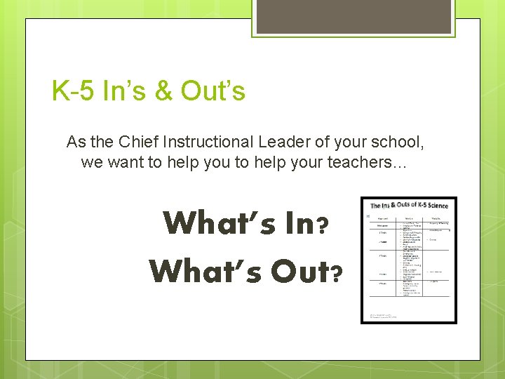 K-5 In’s & Out’s As the Chief Instructional Leader of your school, we want