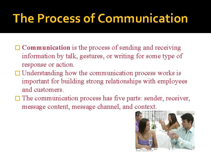 The Process of Communication � Communication is the process of sending and receiving information