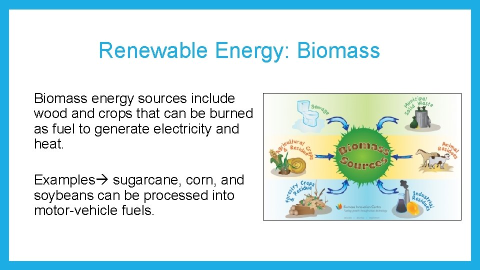 Renewable Energy: Biomass energy sources include wood and crops that can be burned as