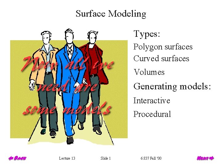 Surface Modeling Types: Polygon surfaces Curved surfaces Volumes Generating models: Interactive Procedural Lecture 13