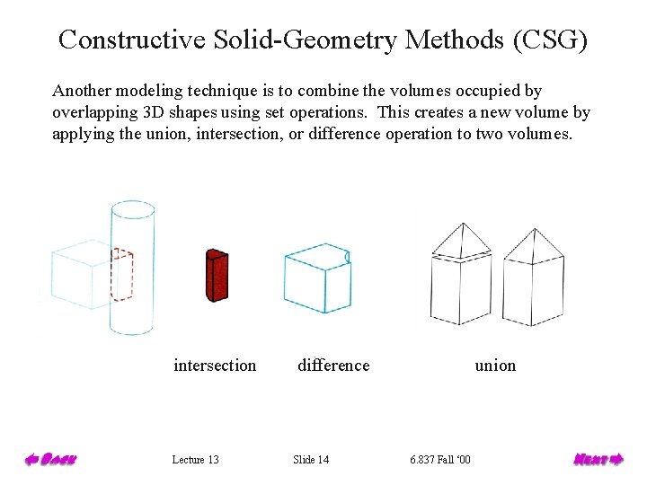 Constructive Solid-Geometry Methods (CSG) Another modeling technique is to combine the volumes occupied by
