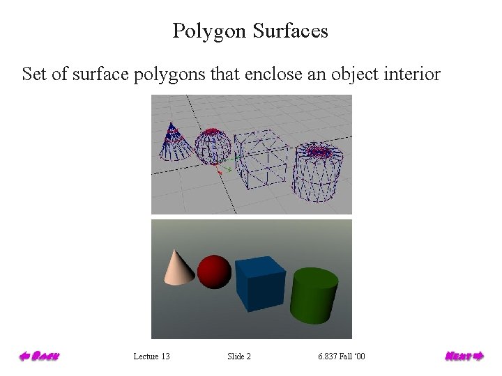 Polygon Surfaces Set of surface polygons that enclose an object interior Lecture 13 Slide