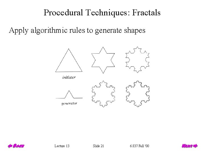 Procedural Techniques: Fractals Apply algorithmic rules to generate shapes Lecture 13 Slide 21 6.