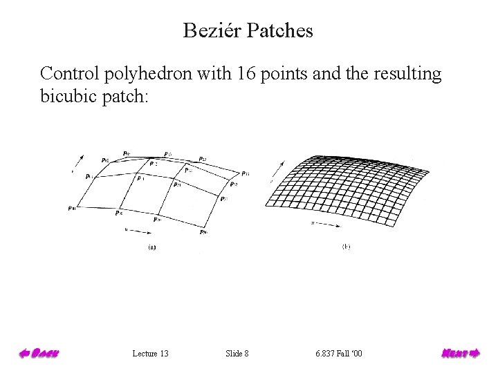 Beziér Patches Control polyhedron with 16 points and the resulting bicubic patch: Lecture 13