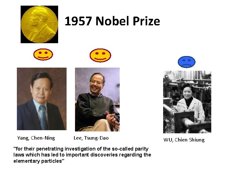 1957 Nobel Prize Yang, Chen-Ning Lee, Tsung-Dao "for their penetrating investigation of the so-called