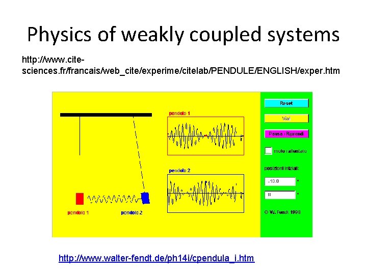 Physics of weakly coupled systems http: //www. citesciences. fr/francais/web_cite/experime/citelab/PENDULE/ENGLISH/exper. htm http: //www. walter-fendt. de/ph