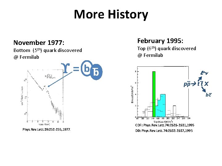 More History November 1977: Bottom (5 th) quark discovered @ Fermilab = bb February