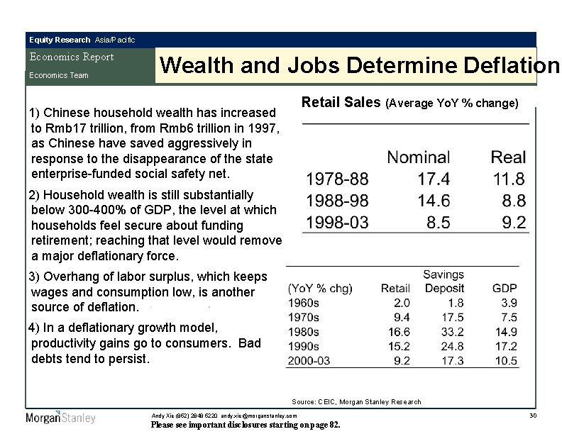 Equity Research Asia/Pacific Economics Report Economics Team Wealth and Jobs Determine Deflation Retail Sales