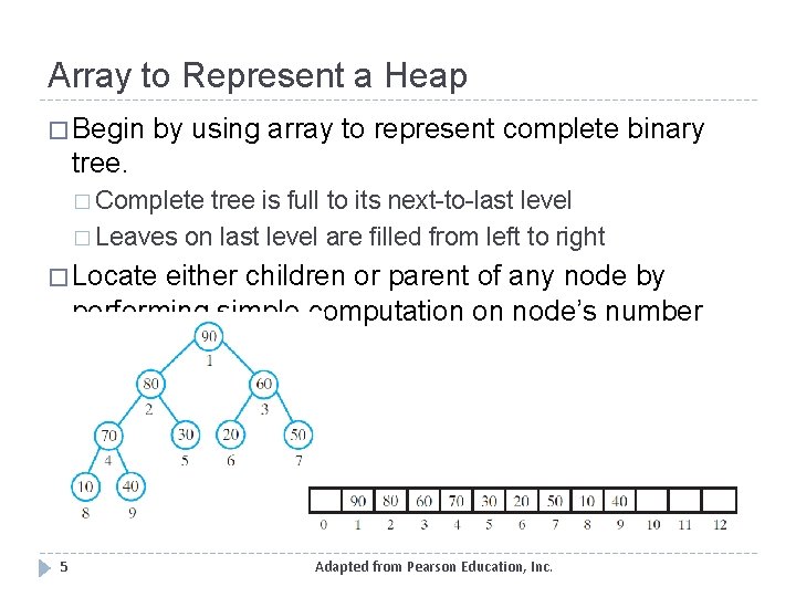 Array to Represent a Heap � Begin by using array to represent complete binary