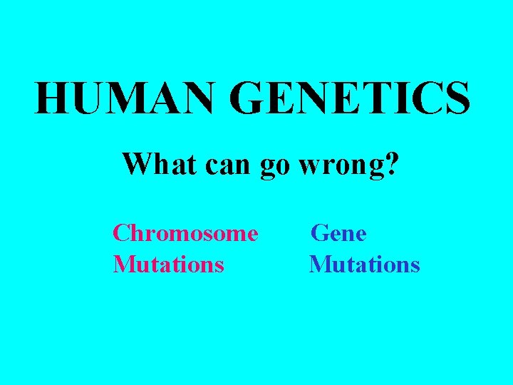 HUMAN GENETICS What can go wrong? Chromosome Mutations Gene Mutations HUMAN GENETICS What can go wrong? Chromosome Mutations Gene Mutations