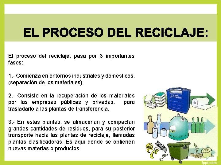 El proceso del reciclaje, pasa por 3 importantes fases: 1. - Comienza en entornos