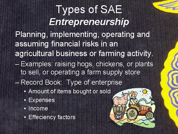 Types of SAE Entrepreneurship Planning, implementing, operating and assuming financial risks in an agricultural
