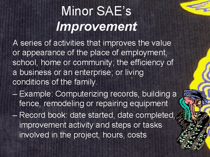 Minor SAE’s Improvement A series of activities that improves the value or appearance of