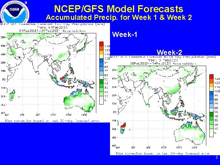 NCEP/GFS Model Forecasts Accumulated Precip. for Week 1 & Week 2 Week-1 Week-2 Processing