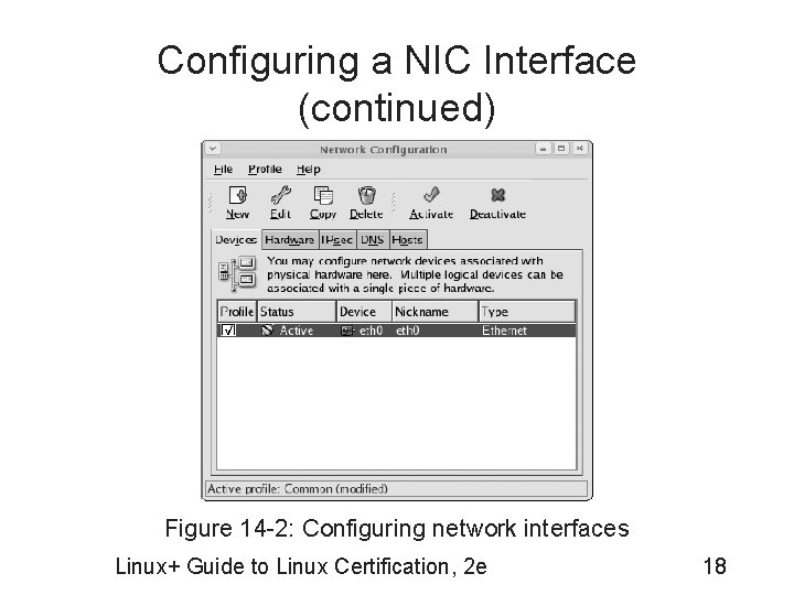 Configuring a NIC Interface (continued) Figure 14 -2: Configuring network interfaces Linux+ Guide to