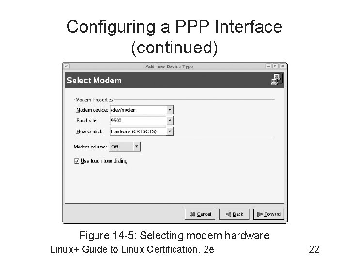 Configuring a PPP Interface (continued) Figure 14 -5: Selecting modem hardware Linux+ Guide to