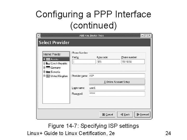 Configuring a PPP Interface (continued) Figure 14 -7: Specifying ISP settings Linux+ Guide to