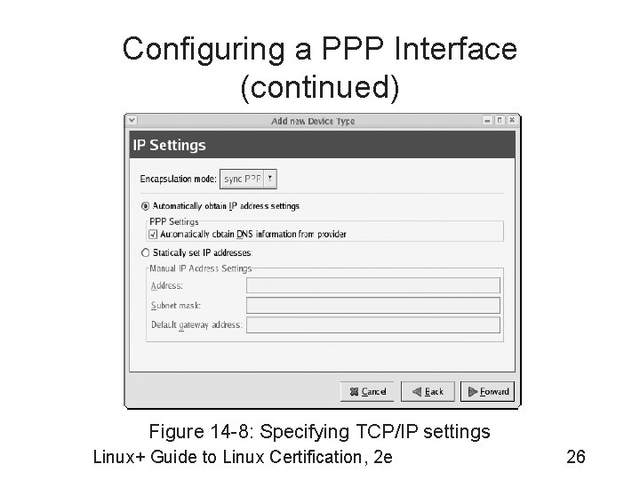 Configuring a PPP Interface (continued) Figure 14 -8: Specifying TCP/IP settings Linux+ Guide to