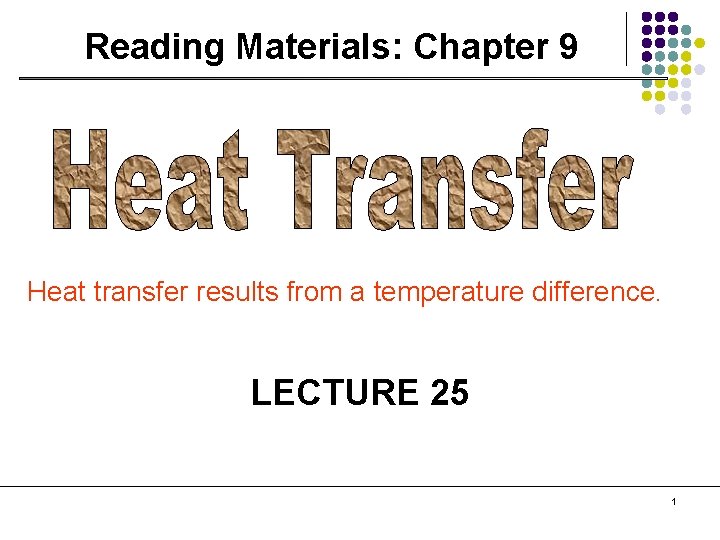 Reading Materials: Chapter 9 Heat transfer results from a temperature difference. LECTURE 25 1