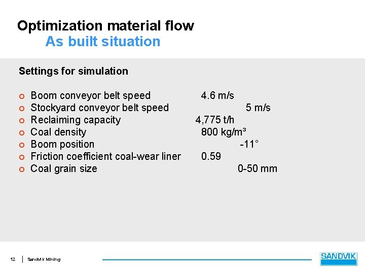 Optimization material flow As built situation Settings for simulation ¢ ¢ ¢ ¢ 12