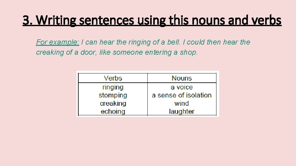 3. Writing sentences using this nouns and verbs For example: I can hear the