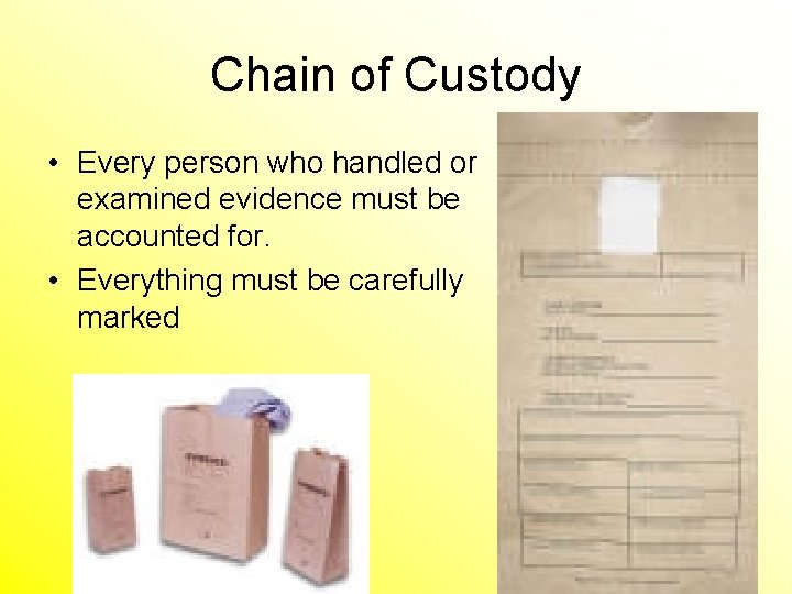 Chain of Custody • Every person who handled or examined evidence must be accounted