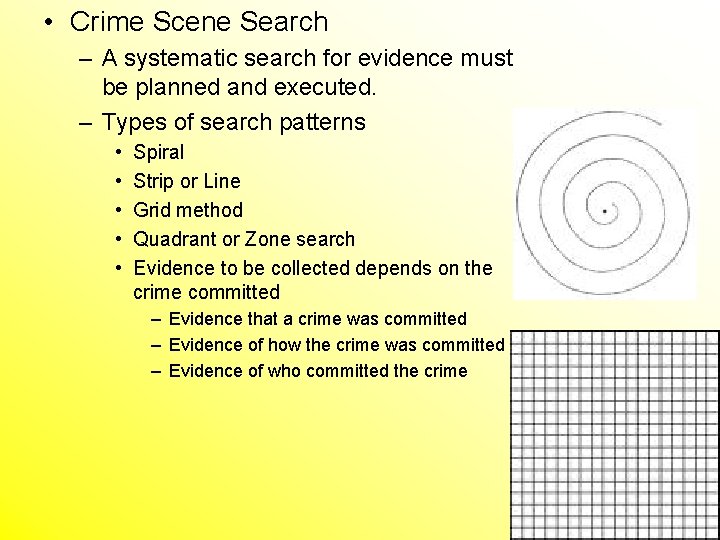  • Crime Scene Search – A systematic search for evidence must be planned