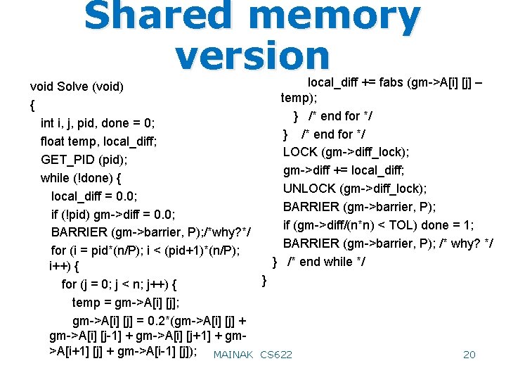 Shared memory version local_diff += fabs (gm->A[i] [j] – void Solve (void) temp); {