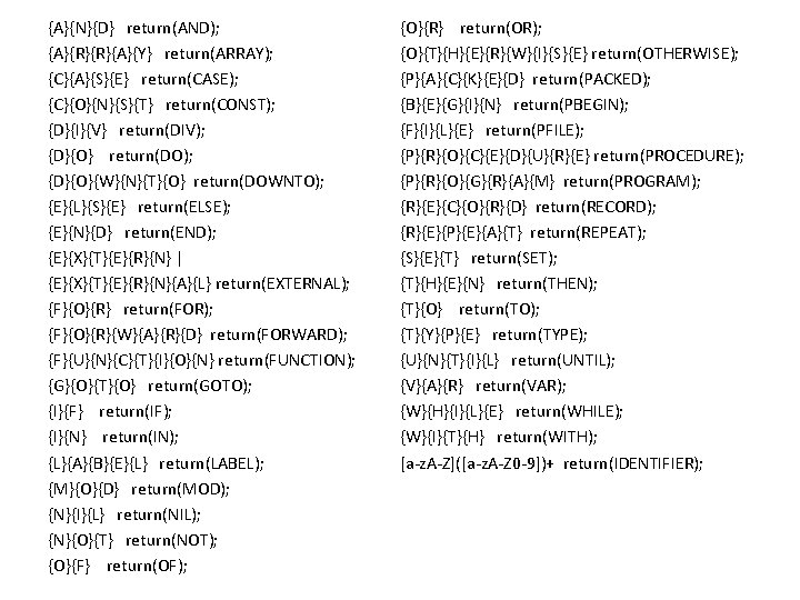 {A}{N}{D} return(AND); {A}{R}{R}{A}{Y} return(ARRAY); {C}{A}{S}{E} return(CASE); {C}{O}{N}{S}{T} return(CONST); {D}{I}{V} return(DIV); {D}{O} return(DO); {D}{O}{W}{N}{T}{O} return(DOWNTO);