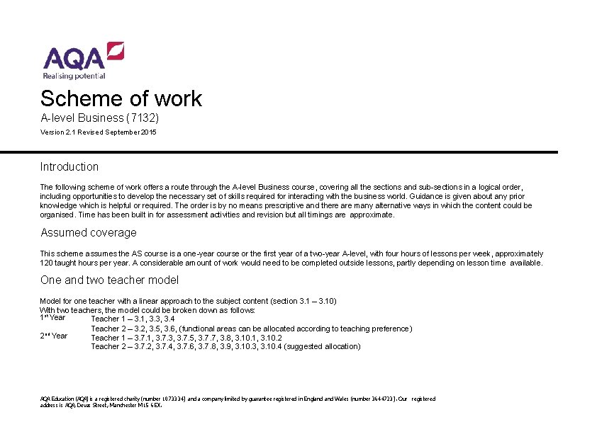 Scheme of work A-level Business (7132) Version 2. 1 Revised September 2015 Introduction The