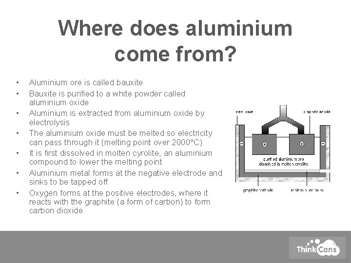 Where does aluminium come from? • • Aluminium ore is called bauxite Bauxite is